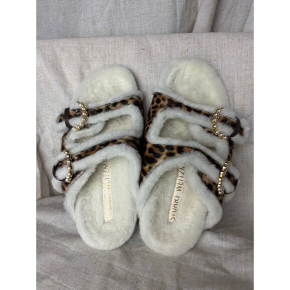 Stuart Weitzman Piper Chill Slide Sandals Cheetah Calf hair Fur Size 7.5 - Picture 3 of 10